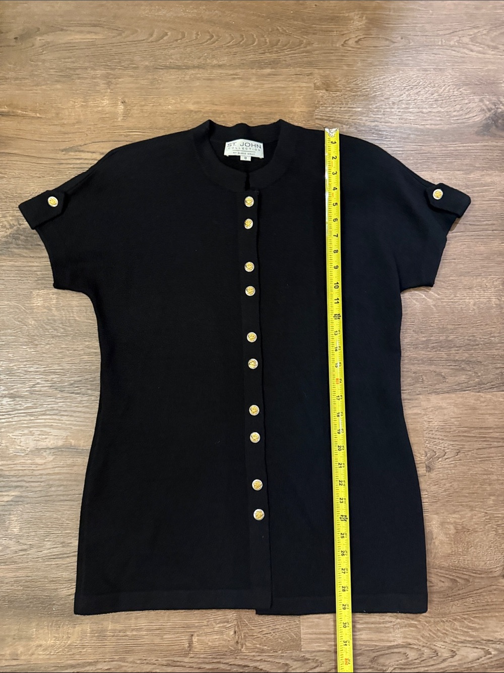 St. John Collection Black Short Sleeve Button-Front Knit Top with Gold Buttons